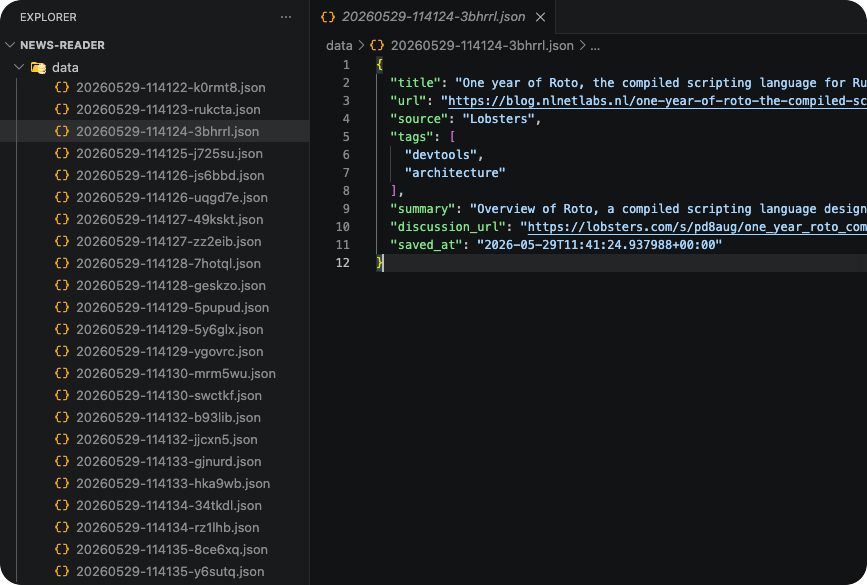 Scraped news items saved as JSON files in the data directory