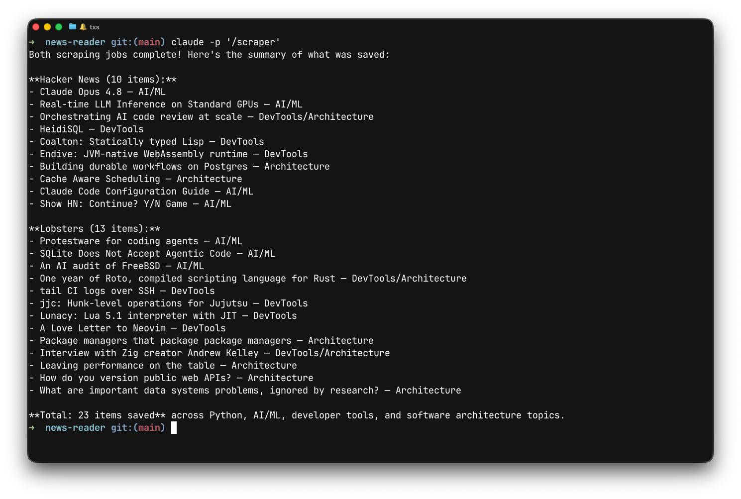 Running the scraper non-interactively with claude -p