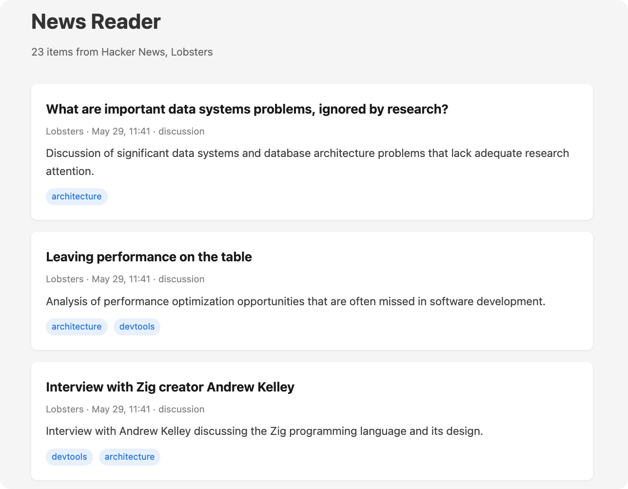 The web UI showing scraped news items