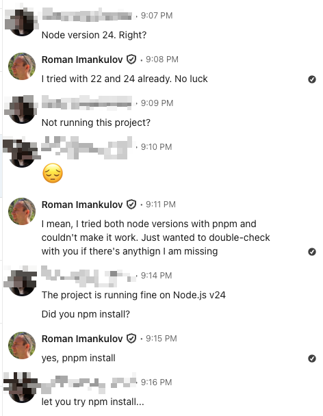 LinkedIn chat where the recruiter insists the project runs fine on Node.js v24 and asks whether I ran npm install