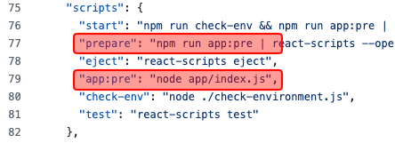 package.json scripts section with prepare and app:pre highlighted; app:pre runs node app/index.js