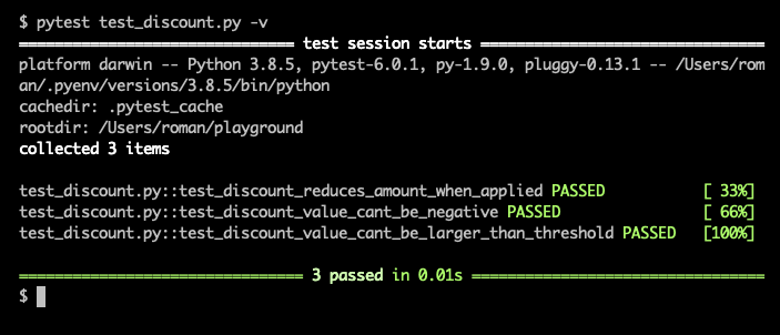 Pytest is reporting successful test execution with descriptive function names.